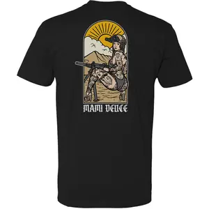Mami Deuce Tactical Pin Up T Shirt For Men, Desert Warfare Military Pinup Girl Graphic Tee With NVG Helmet And Heavy Weapon Artwork, Bold Gun Culture Streetwear Shirt For Shooter Lifestyle And Combat Style Gift