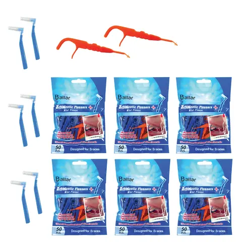 LBailar Ortho Dental Flossers for Braces, Oral Care Floss Picks (300-Count Bag, 6-Pack) with Bonus 4 Interdental Brushes, Fits Between Brace Wires and Teeth for Quick, Easy Use, Dental Floss