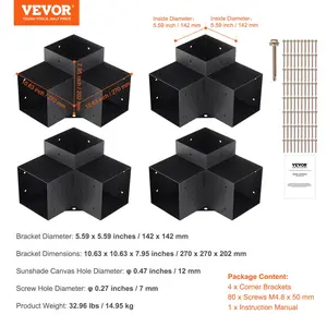 VEVOR Pergola Bracket Kit 6''x6''(Inner Size 5.6x5.6), 4pcs 3-Way Heavy Duty Corner Bracket Woodworks DIY Post Base Kit, Easy Installation Wooden Beams for Gazebos, Patio Pergolas, Log Cabin Outdoor