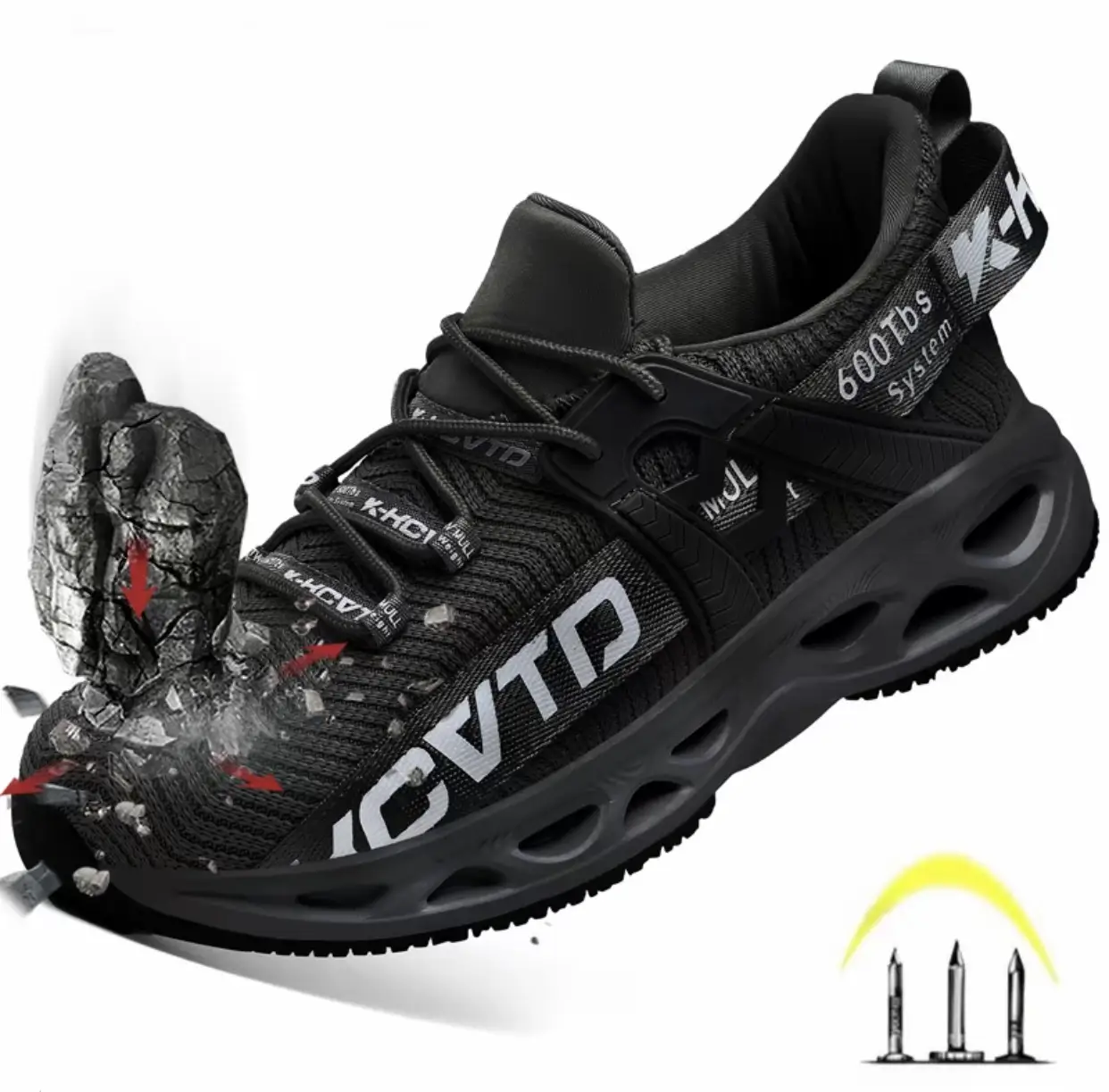 Men's Work Safety Shoes - Durable Steel Toe, Puncture-Proof & Non-Slip, Breathable Knit Fabric, Comfortable Rotating Buckle Closure, Shock-Absorbing E