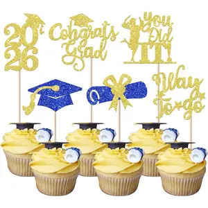 24 Pack 2026 Graduation Cupcake Toppers Glitter Class of 2026 Grad Cap Congrats 2026 Cupcake Picks for 2026 Graduation Party Cake Decorations Supplies Gold Blue