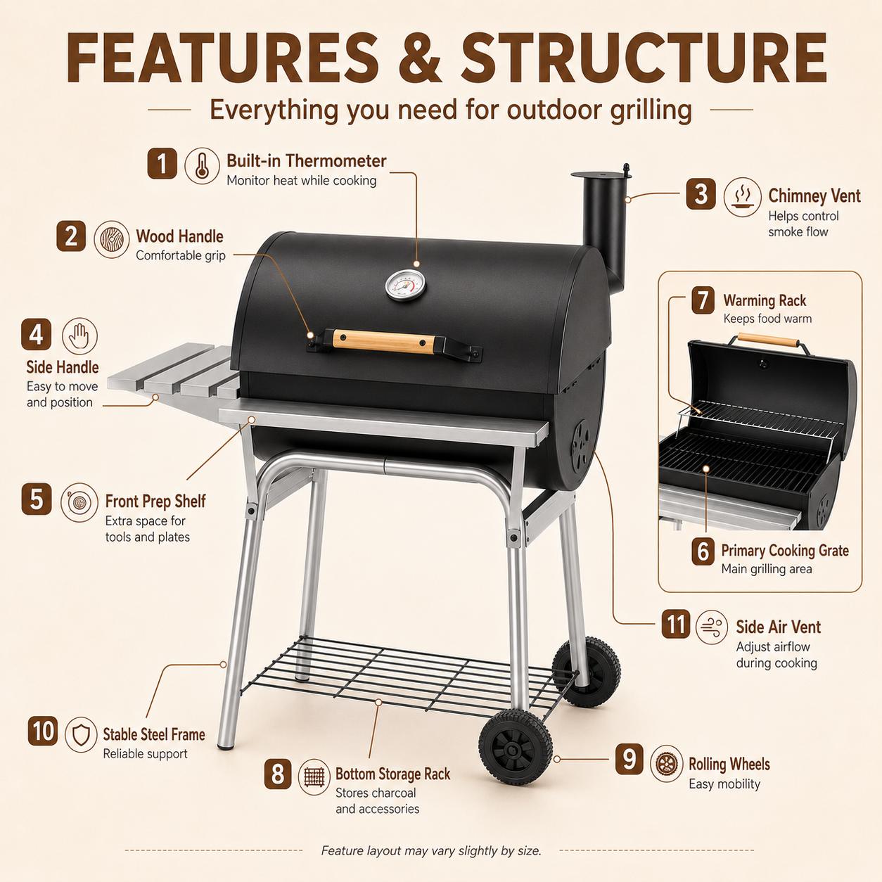 Compact Stainless Steel Barrel Shape Barbecue Grill - Barrel Space Saver, Balcony-Size BBQ Pit with Warming Rack for Patios, Grilling Outdoor Cooking, Bbq Charcoal Grills
