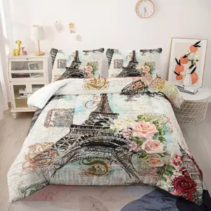 Eiffel Tower Comfort Set, Vintage Style Eiffel Tower and Floral Bedding Set, Suitable for All Seasons, Includes 1 Quilt + 2 Pillowcases