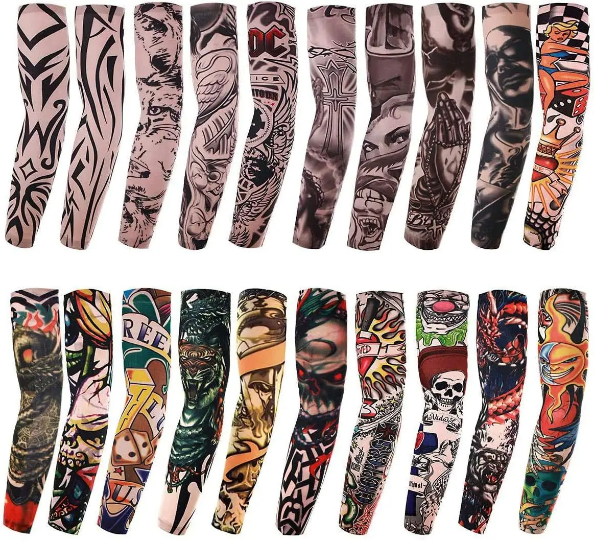 20PCS Set Arts Fake Temporary Tattoo Arm Sunscreen Sleeves Designs Tiger, Crown Heart, Skull, Tribal and Etc