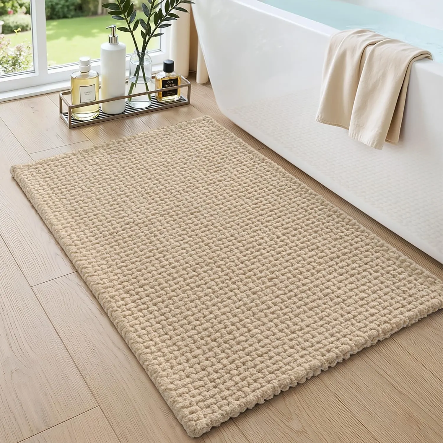 DEXI Traditional Rectangular Chenille Bathtub Mat, 2'x3'/20x32in, Non-Slip Machine Washable Ultra-Soft Thick Water-Absorbent Indoor Rug for Tub/Shower Floor, Beige Bath Decor