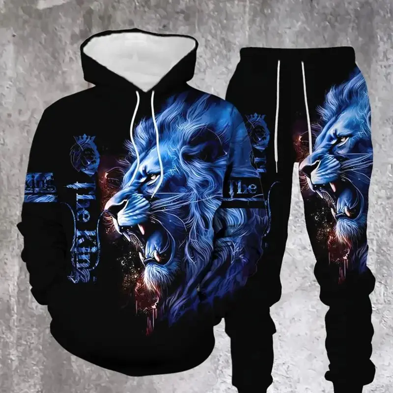 Men's Summer 3D Print Animal Hoodie Set, Sporty Long Sleeve Fitted Tops, Two-Piece Activewear Set for Fall & Winter, Streetwear Tracksuit Set, Sporty Style Clothes