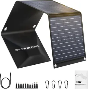 30W foldable solar charger with QC3.0 USB-A, USB-C & DC outputs for power stations, power banks, cell phones, iPads, RVs, camping & hiking.