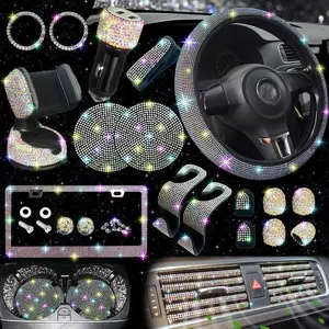 27 PCs Multicolor Bling Car Accessories Set for Women, Bling Steering Wheel Covers Universal Fit 15 Inch, Bling License Plate Frame, Bling Phone Holder, Bling Car Coasters