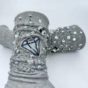 Gray Diamond Rhinestone Slouch Socks Charm Socks Junk Socks Womenswear Glitter Soft