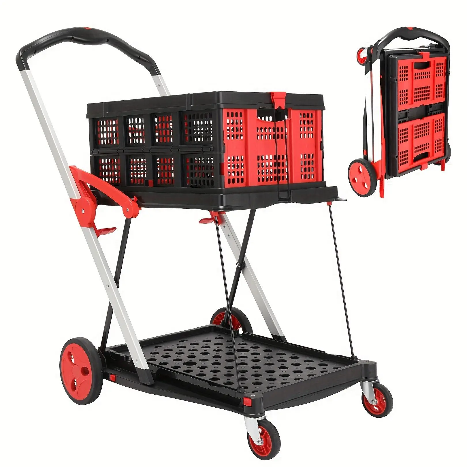 Collapsible shopping Cart with 1 Crate (Red)