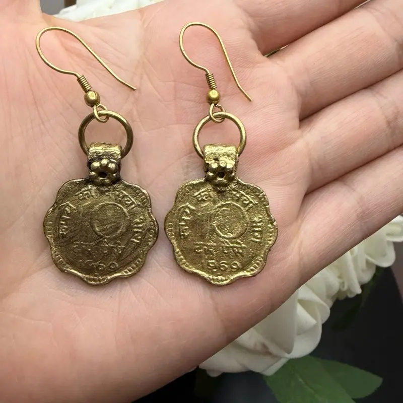 Vintage Nepal 50 Paisa Coin Earrings, Unique Retro Jewelry for Women