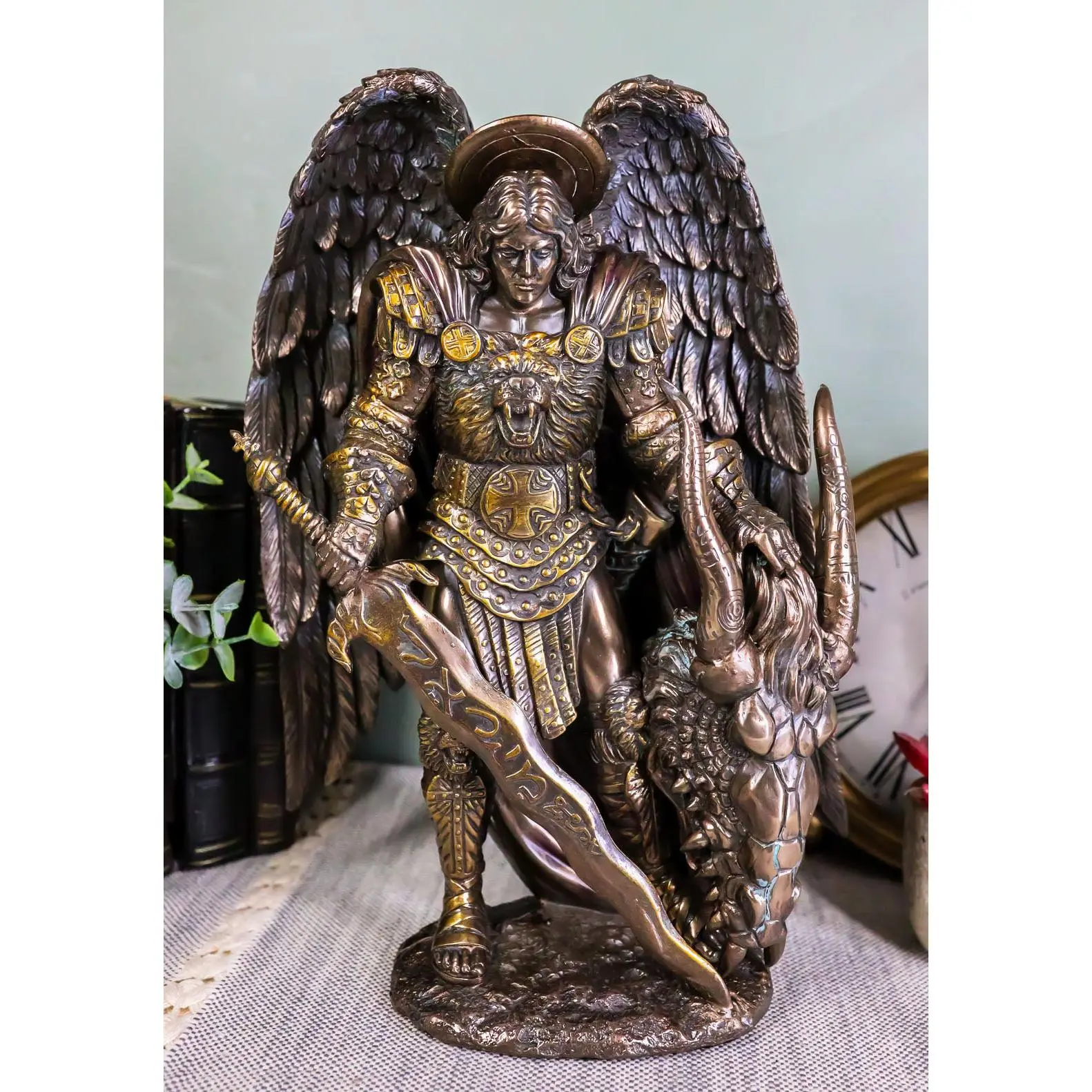 Religious Christianity Archangel Saint Michael Warrior Figurine, 10.75"h Holy Eucharist Ornament Holding Satan Dragon Head, Indoor Home Decor Figurines & Miniatures