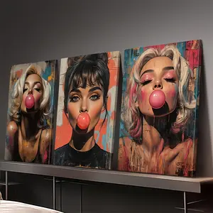 3pcs Pink Framed Canvas Painting Set - Blowing Bubble Gum Woman Abstract Art, Posters & Prints for Living Room, Library, Office, Cafe, Bar, Perfect Birthday, Holiday Gift for Valentine's Day, Easter Egg