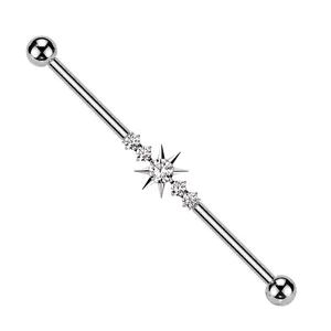Internally Threaded CZ Crystal Spike Center Industrial Barbell - ASTM F-136 Implant Grade Titanium