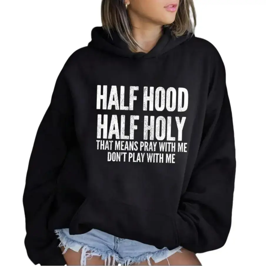 Unisex Fashion Comfortable Half Hood Half Holy Pray With Me Funny Fleece Pullover Hoodie, Casual Street Style Sports Tops, Hoodies for Women, Ideal Gift, Casual Wear, Fleece Fabric, Funny Quote, Vibrant Print, Pray With Me Humor, Half Hood Holy