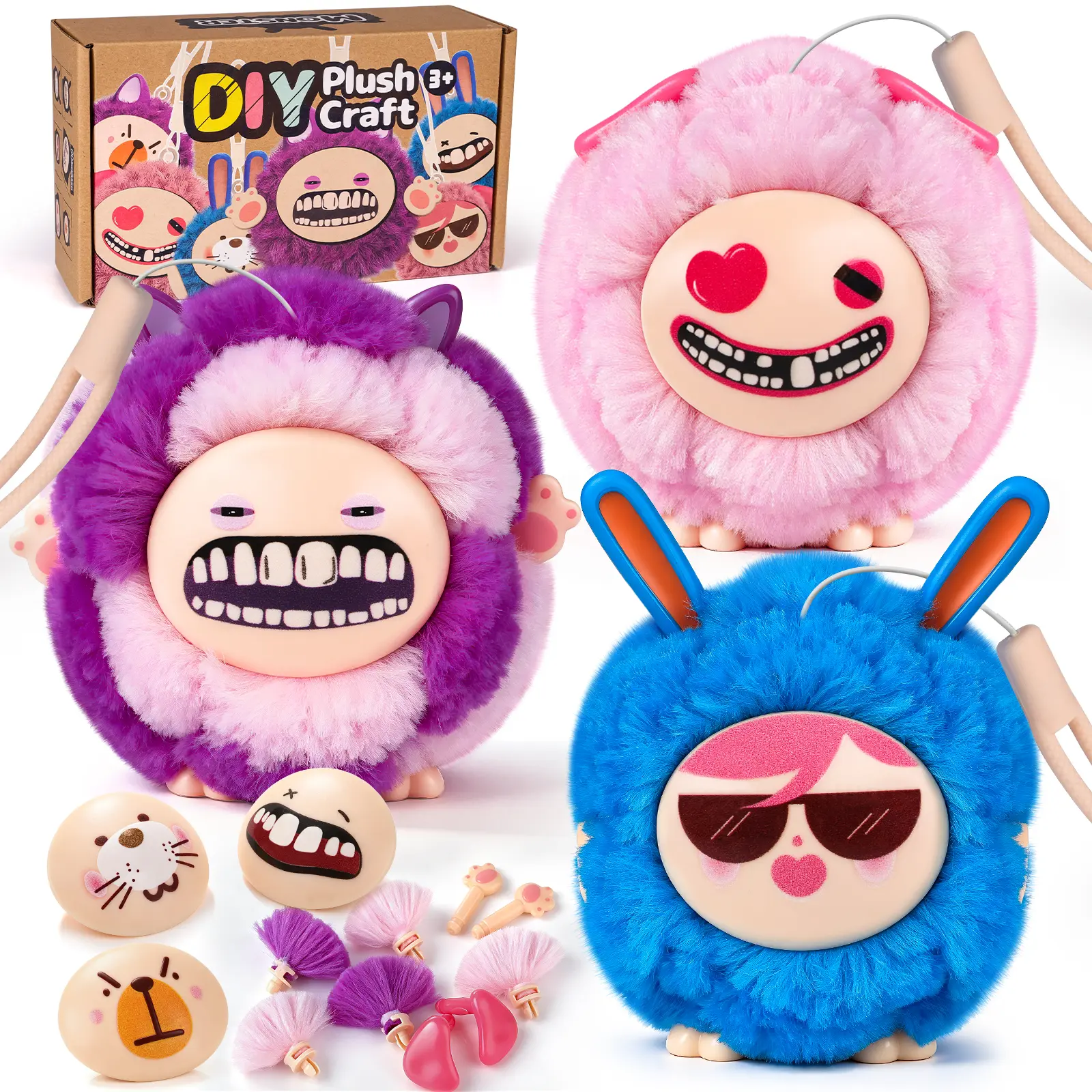 Upgraded DIY Plush Toy bagcharm Making Kit for Kids,6 Cute Plush Models with New Funny & Expressive Faces,DIY Stuffed Animal Craft Set for Kids, Cute Arts & Crafts Set with 3 Plush Models, Keychain Toys for Girls Boys