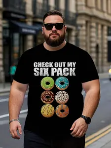 Men's Plus Size Donut Print T-Shirt with "Check Out My Six Pack" Slogan & Colorful Donut Holes (Sprinkles) - Oversized Casual Crew Neck Short Sleeve Tee for Summer, Parties, Casual Attire - Funny Novelty Gift for Donut Lovers, PLUS SIZE
