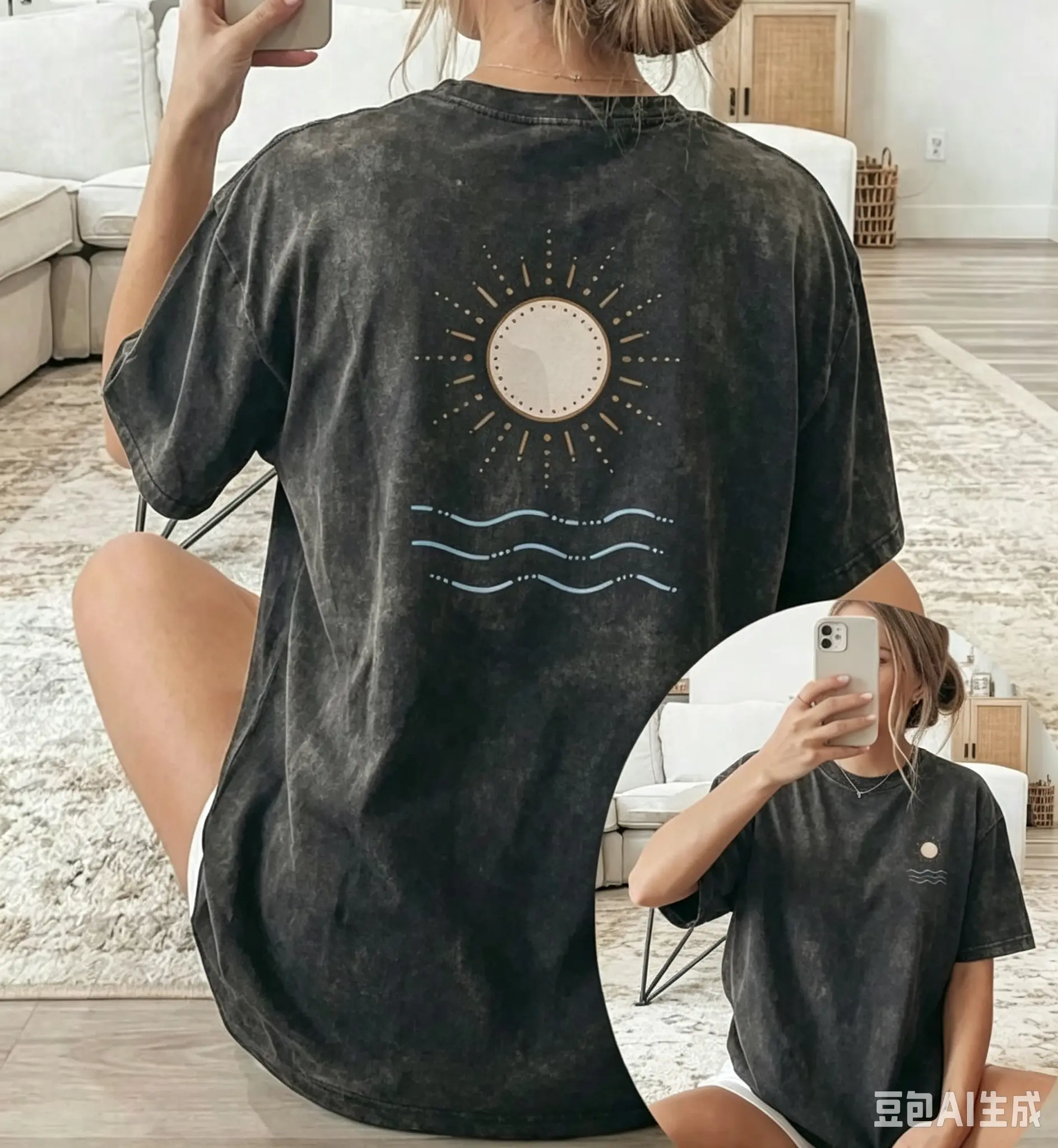 2026 [Double-Sided Print] Spring/Summer Loose Casual Women's Clothing, Short-Neck-Shirt With And Wave Pattern Printtrending Oversized Graphic Tshirt