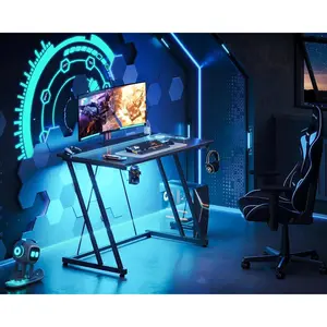 32 Inch Small Gaming Desk with LED Lights & Power Outlet, Computer Desk for Small Space, Gaming Table with Carbon Fiber Texture, Kids Desk Gift for Boys Men, Black