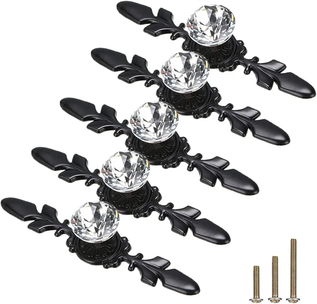 5 Pack Black Diamond Clr Crystal Glass Decorative Knobs with Plate,Drawer Dresr Pulls Handles with 3 Kinds of Screws for Kitchen Bathroom Office Decoration (5 Pack, Small, Black)