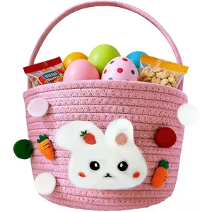 Easter Bunny Baskets for ,  Easter Empty Egg Basket with Handle, Woven Rope Cute Treasure Egg Hunt Baskets for Boys Girls , Easter Gifts,