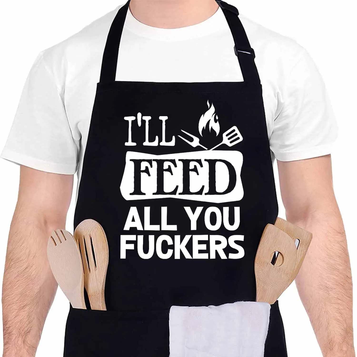 Funny Apron for Men-I'll Feed All You Fuckers Adjustable Kitchen Black BBQ Grilling Cooking Chef Apron with Pockets for BBQ Grilling Cooking Waterproof Grill Daddy Gift for Father Husband Boyfriend