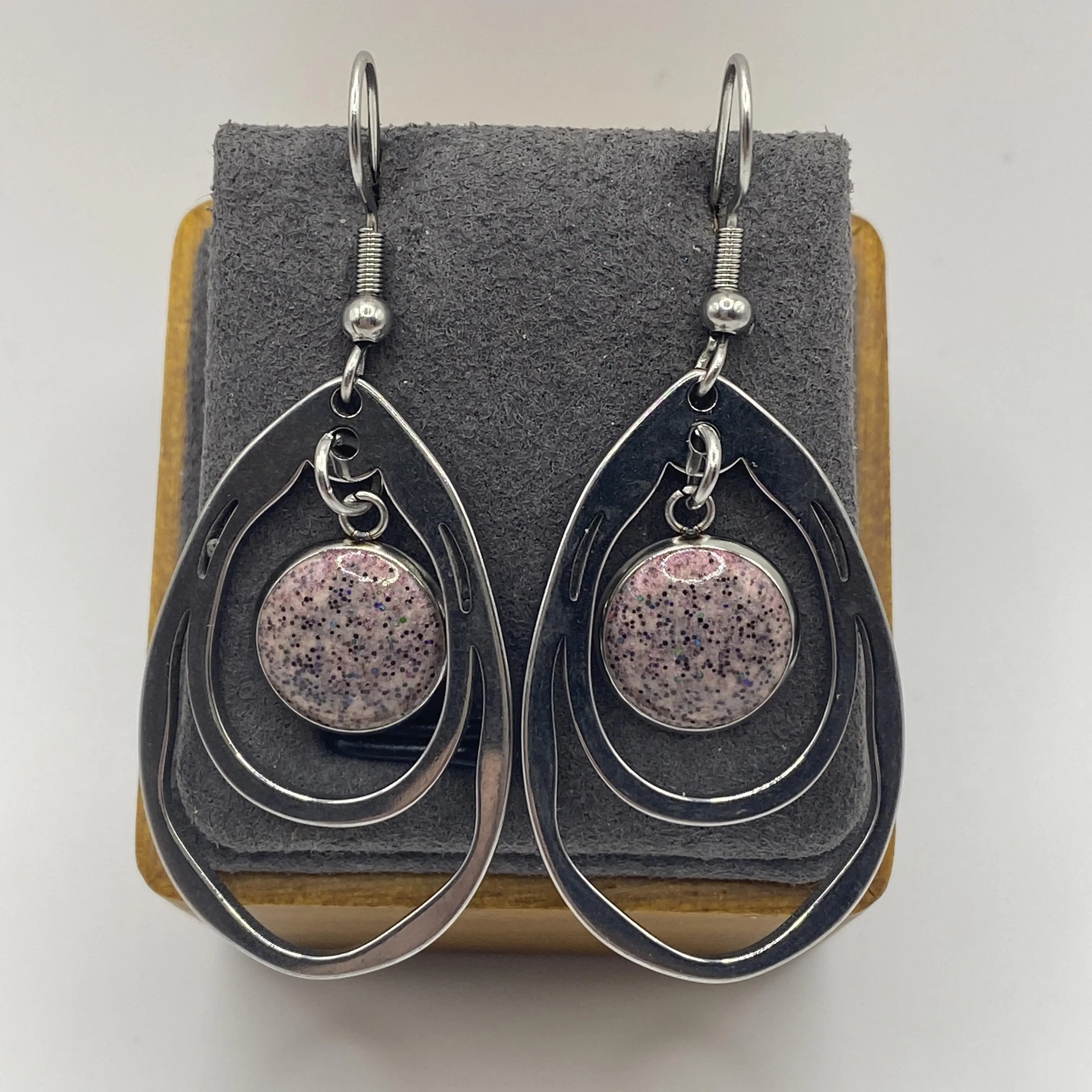 Dangle Fish-Hook Earrings with Pale Pink and Black Glitter Inlay