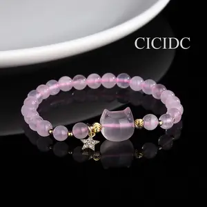 Natural Pink Jade Bracelet Cute Cat And Star Design Suitable For Daily Wear Or Gifts