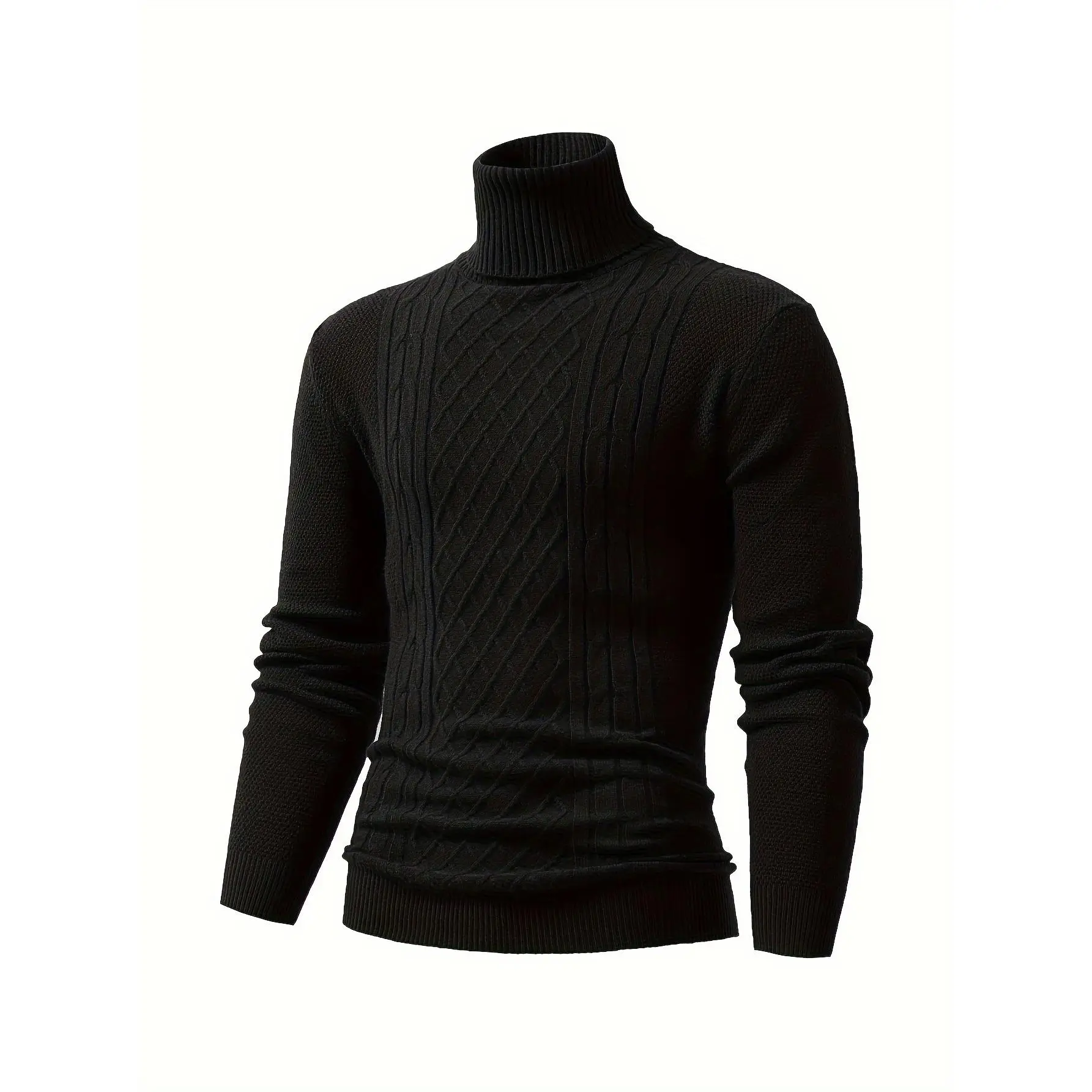 Men's High-Neck Long-Sleeve Cable-Knitted Plain Cotton Sweater - Warmth-Focused Menswear Knitwear, College Casual Stretchy Pullover, Machine Washable for Autumn & Winter, Available in Black, Lawn Beige Fabric Stylish