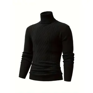 Men's high-neck knitted cable-knit sweater, casual and warm solid-color slightly stretchy pullover, suitable for autumn and winter.  Long Sleeve Black Knitwear Menswear Lawn Beige Plain Tops