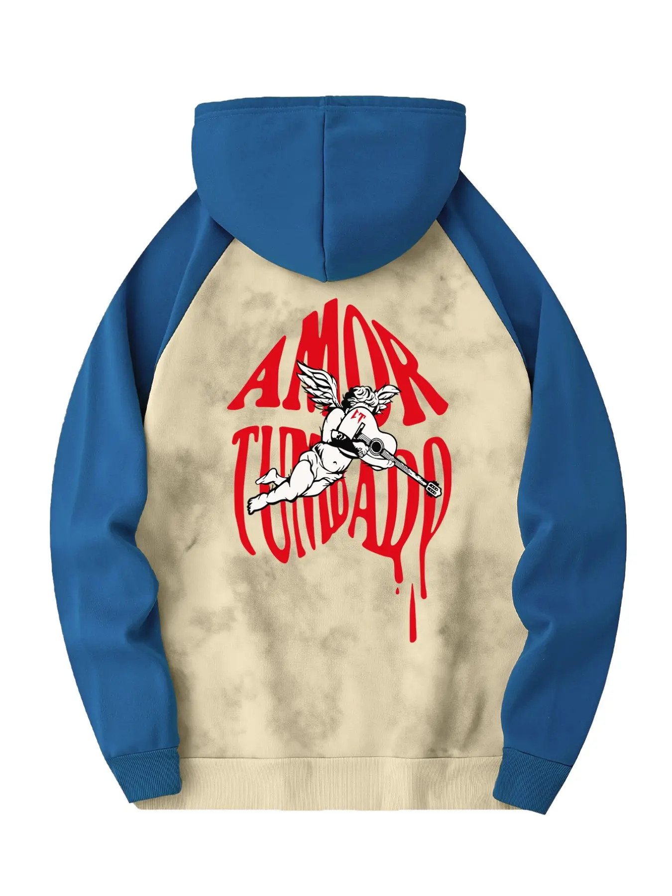 Men's Colorblock Drop Shoulder Fashion Hoodie, Comfortable Casual Daily Drawstring Hooded Sweatshirt, Amor Tumbado Print, Kangaroo Pocket
