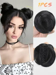 Women Y2K Mini Hair Clip Bun Wig, Synthetic Wigs, 4 Inch 30g Fiber Messy Hair Pack, Invisible Mini Claw Clips, Dual Bun Styling Tool