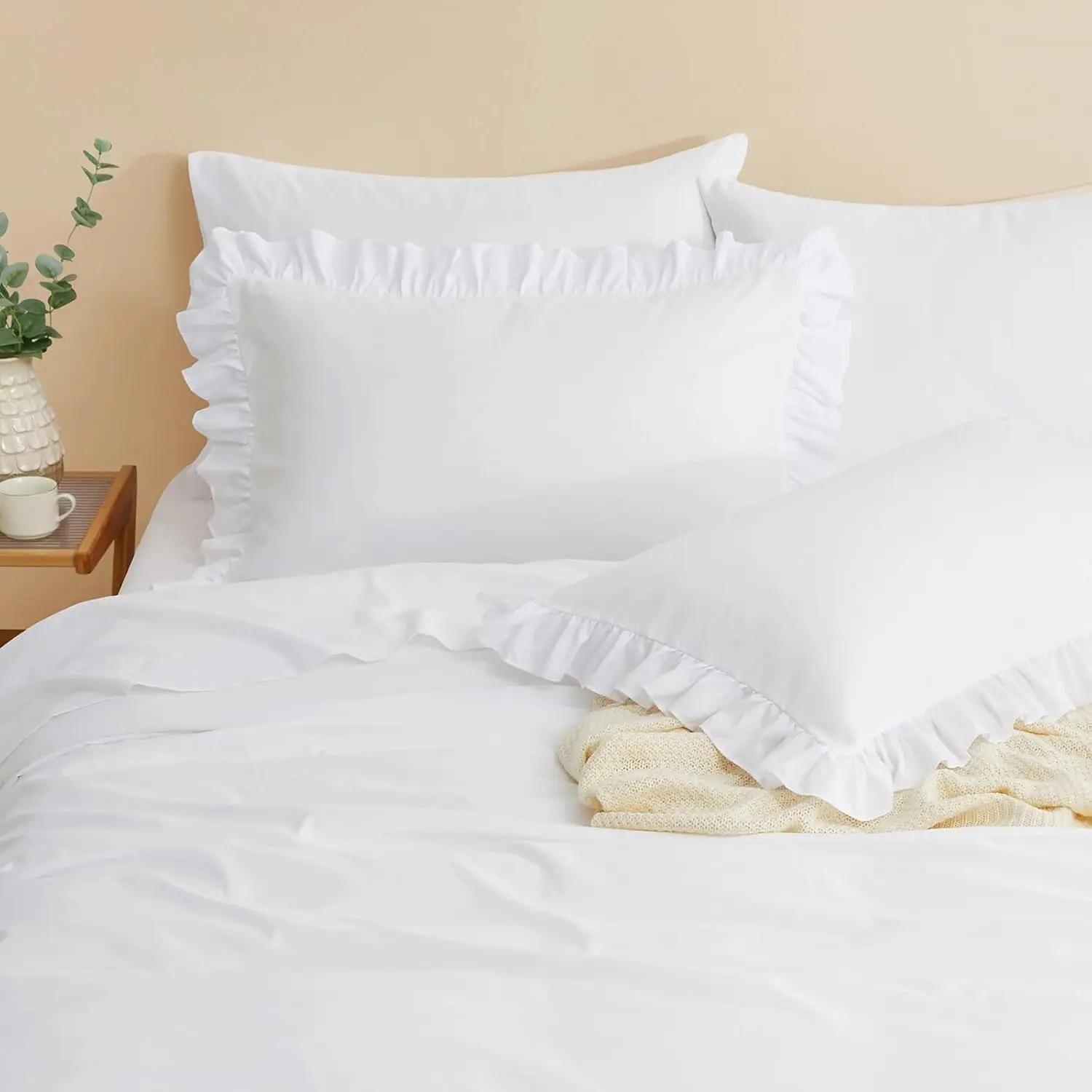 White Ruffle Sheets  Size 4 count, Fits 16" Deep Mattress, Microfiber White  Sheets with 1 Ruffled Pillowcases, Shabby Chic Bed Sheet Set
