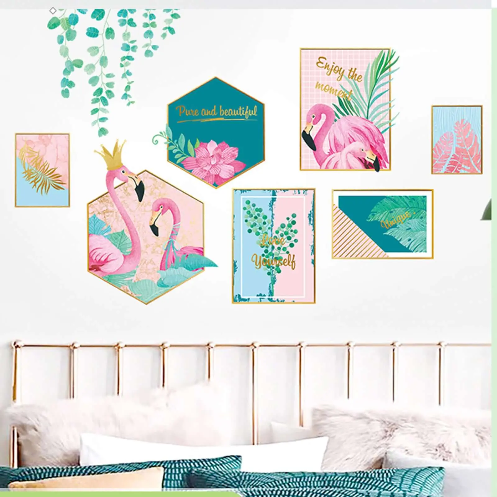 Green Tropical Palm Leaves & Flamingo Flat Frame Decorative Wall Art Stickers - Tiles Sticker for Decorating Living Room, Kids Rooms, Nursery, Suitable for Any Smooth Surface, Room Decor