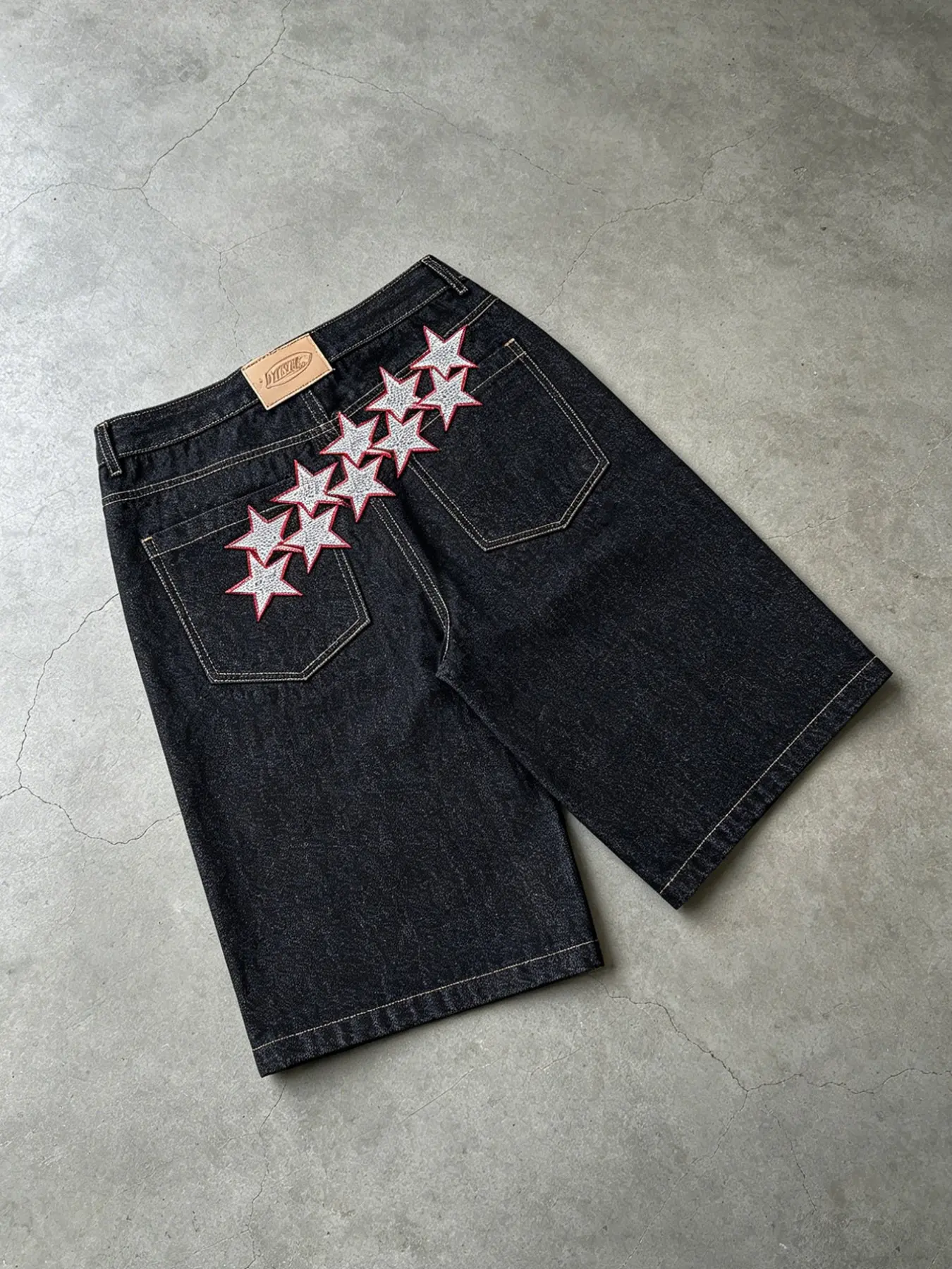 American Street Style Star Embroidered Denim Jeans Shorts Streetwear, Pocket embroidery is not available，Unisex Oversize Wide Leg Five-Quarter Pants, Loose-Fitting Plain Surface Design