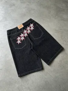 American Street Style Star Embroidered Denim Jeans Shorts, Unisex Oversize Wide Leg Five-Quarter Pants, Loose-Fitting Streetwear