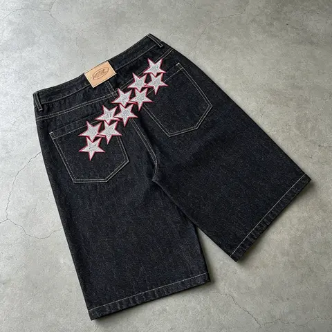 Men's Street Style Skater Embroidered Jeans Shorts, Loose-Fitting Star Flower Cherry Blossom Design, Fashionable Unlined Plain Surface