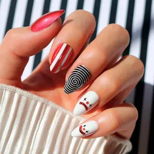Halloween Classic Clown Style Red White Stripe Wearable Nails Set