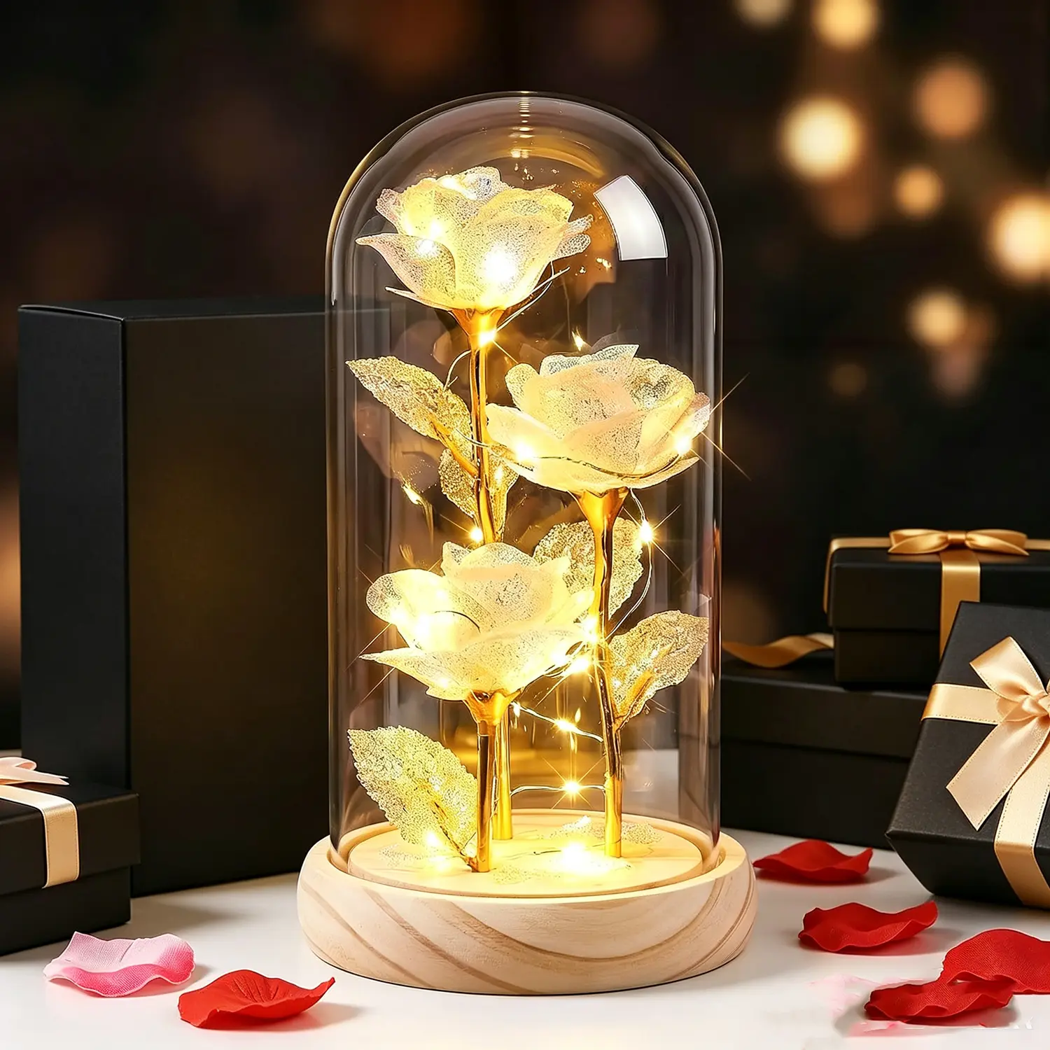 Eternal White Glitter Artificial Rose Fairy Light Table Lamp in Glass Dome with Gift Box, Bedroom Bedside Atmosphere Light for Adults, Housewarming Romantic Gift, Fairy Lights