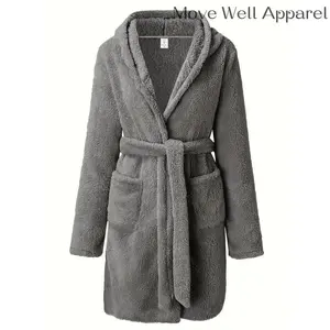 Men'S Casual Hooded Robe Pajama Set, Solid Color Polyester 100%, Slight Stretch Knit Fabric, Regular Fit with Belt, Dual Pocket Bathrobe for All Seasons