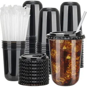 100 Sets 16oz Disposable Stemless Plastic Cups with Strawless Sip Lids, Clear PET Coffee Cups for Iced Coffee, Smoothies, Cold Drinks, Halloween, Christmas, Party and Drink Shop Supplies (Pink (16oz))