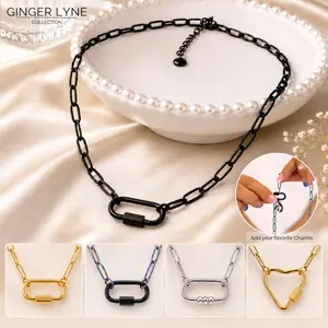 Rectangle Carabiner Charm Holder Necklace for Women by Ginger Lyne, 18KT Gold Plated Stainless Steel Paperclip Chain, Personalized Interchangeable Necklace for Compatible Birthstone Charms, 18" Adjustable with 2" Extender