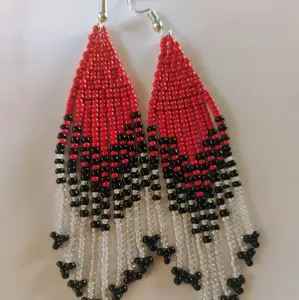 Handcrafted Beaded Earrings Red Black White Fringe Design for Women's Fashion Accessories