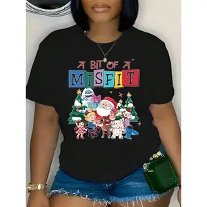 Women's Christmas MISFIT Graphic Tee Santa Reindeer Print Crewneck Casual Summer Spring Shirt Plus Size Comfy Fit
