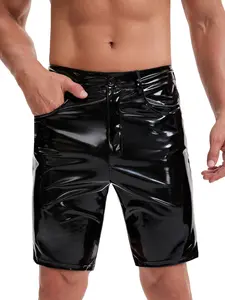 Men's PU Leather Shiny Brief Shorts, Plain Pattern, Slim Fit Straight Leg Bermuda Pants, Stylish Zipper Cut Design for Casual Wear, Casual Fashionable Shorts