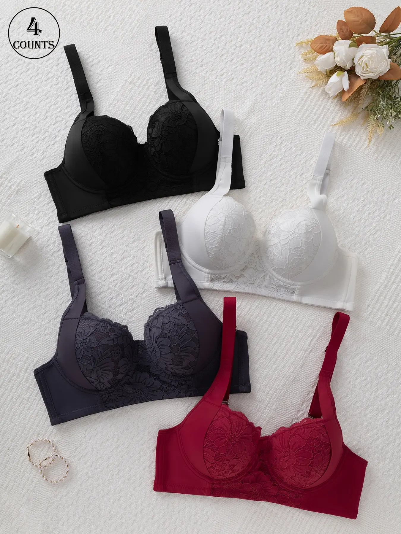 4 pieces of solid color high-quality women's bras with underwire and non-removable padding, soft, breathable, and comfortable. Yoga sports push-up bras, suitable for daily casual wear with adjustable straps and beautiful back design, offering high support