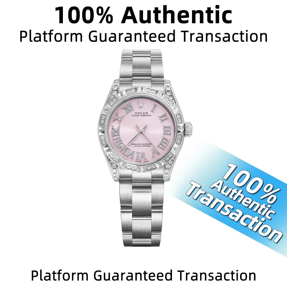 Rolex Oyster Perpetual 177200 Ladies' Watch with After-market Pineapple Bezel 31MM Pink Dial Stainless Steel Diamonds WHT030667