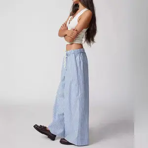 Ommig Striped Drawstring Wide-Legged Trousers for Women, Elegant Commuting and Vacation Long Pants