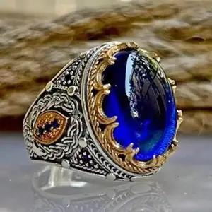 Fashion and popular exquisite craftsman zircon blue gemstone engraving, high-end retro men's ring jewelry