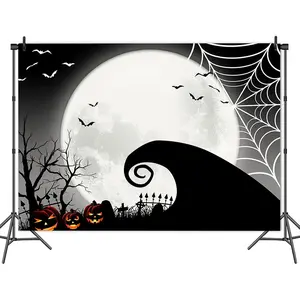 Halloween Themed Background, 1 Count Scary Spider Web & Moon Pattern Party Background, Party Decoration Supplies for Home Living Room Bedroom, Halloween Decor